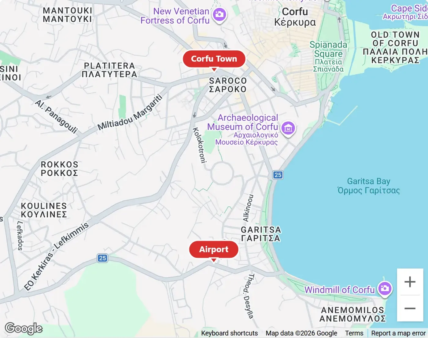 Map showing Flexy Luggage locations: Corfu Town and Airport