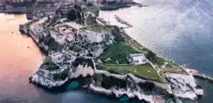 aerial drone photo of corfu old fortress while on sunset