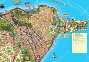 An illustrated map of Corfu Town, Greece, showing streets, landmarks, and points of interest. The map features icons representing various locations, such as the Old Fortress, New Fortress, Old Port, and Mandraki. Text labels in Greek and English identify the sites. The map also includes a compass rose and a legend explaining the icons. The image is colorful and detailed, providing a tourist-friendly guide to the town. The location is Peristeri, Decentralized Administration of Attica, Greece.